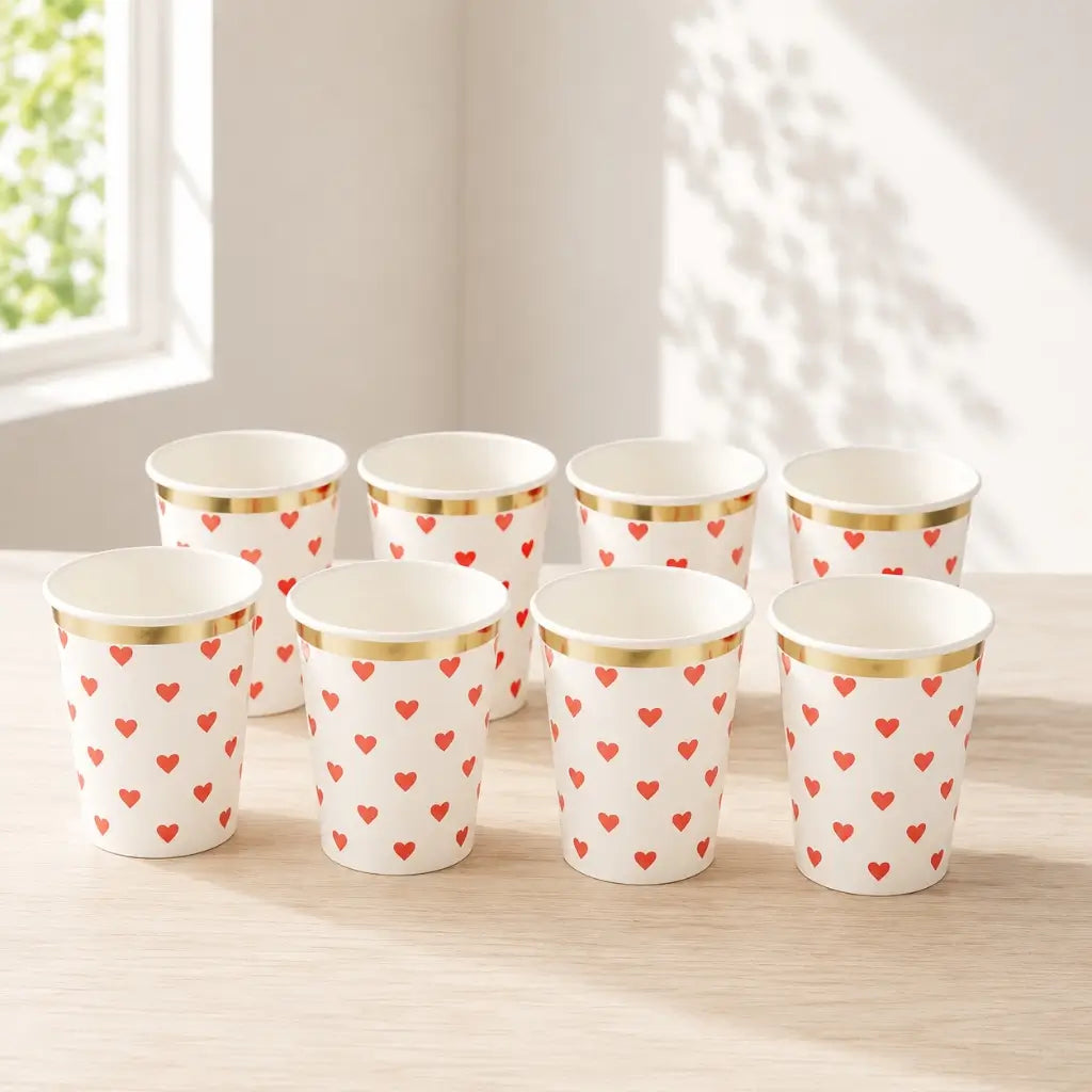 Red Heart Paper Cups with Gold Foil Rim 266ml 8pk