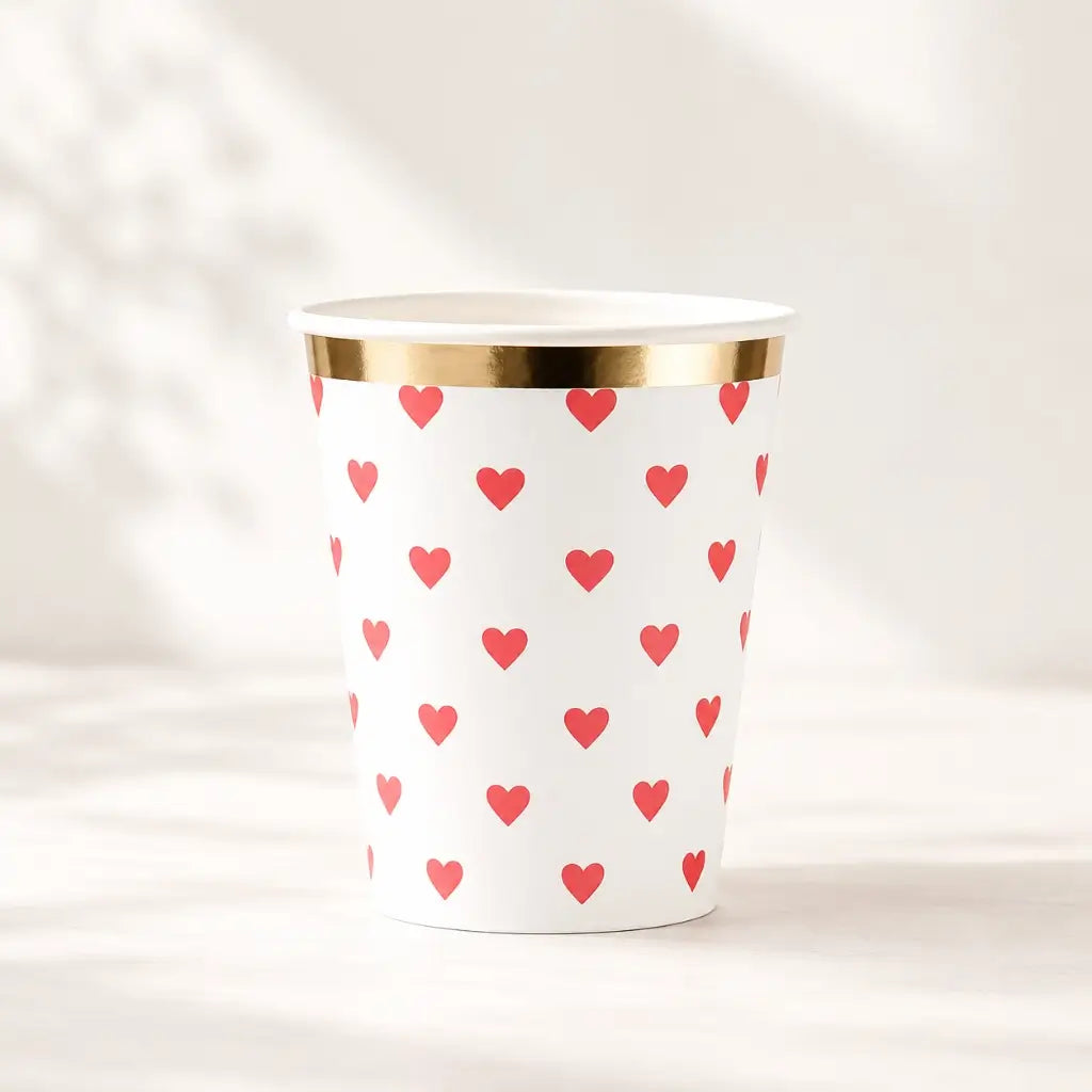 Red Heart Paper Cups with Gold Foil Rim 266ml 8pk