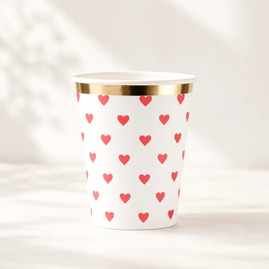 Red Heart Paper Cups with Gold Foil Rim 266ml 8pk